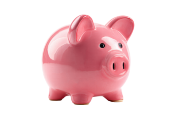 A pink piggy bank sits on a white background. The piggy bank is pink and has a cute face