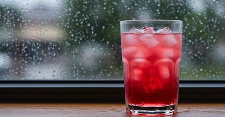 Refreshing drink sits on a wooden windowsill against a rainy backdrop during a cozy afternoon