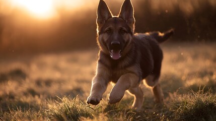 Energetic dog running across a sunlit field