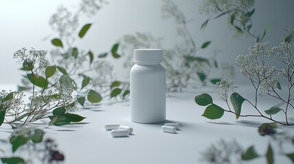 Blank white supplement bottle surrounded by greenery
