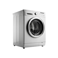 A white washing machine with a silver door