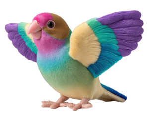 Colorful plush finch bird toy with soft rainbow feathers, open wings, and realistic details, perfect for children or home decor, radiating cheerful and playful vibes