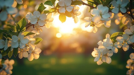 Blossoming apple trees at sunset.  Soft focus of white flowers, branches, and sunlight filtering through