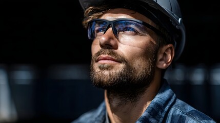 Engineer inspecting solar panel with augmented reality glasses