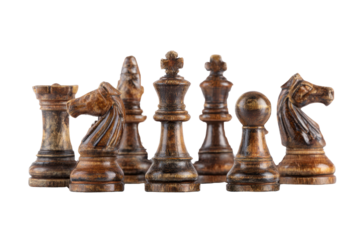 A group of wooden chess pieces are lined up on a white background. The pieces include a king, a queen, a knight, a bishop, a rook, and a pawn. The arrangement of the pieces suggests a sense of order
