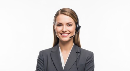 Professional Woman Wearing Headset Smiling Confidently in Studio