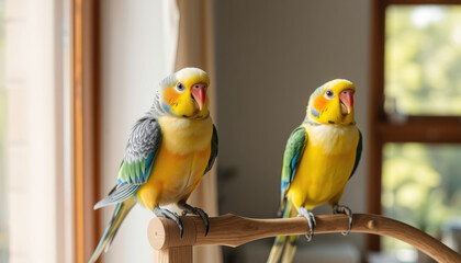 Obraz premium Bright and colorful parrots perched on wooden stand, showcasing their vibrant feathers and playful expressions in cozy indoor setting
