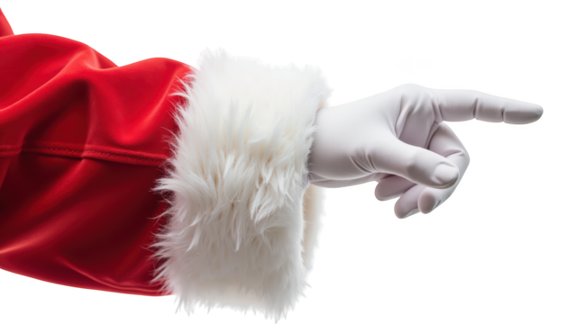 Festive red sleeve with white fur trim and gloved hand pointing, evoking cheerful holiday spirit