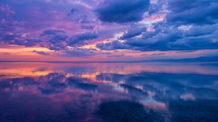 Naklejka premium Colorful sky reflecting on calm water during sunset, mountains in background, for meditation