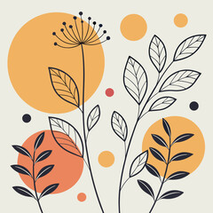 Minimalist botanical arrangement features leaves and floral elements with circular shapes, set against a pale background