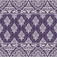 Regal Purple Damask Seamless Pattern with Ornate Borders