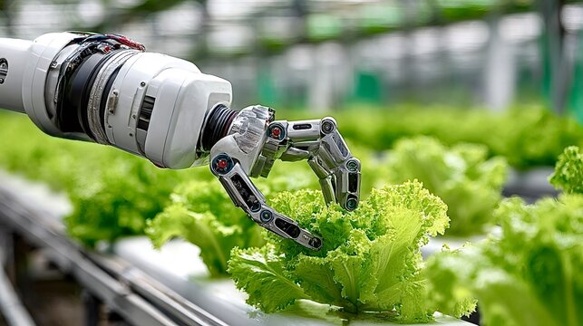 Robotic arm harvesting lettuce in a greenhouse, embracing agricultural automation