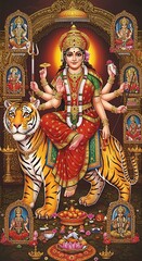 Fototapeta premium Goddess Durga riding a tiger surrounded by smaller deities and offerings