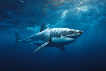 Fototapeta premium Majestic Great White Shark Swimming in Deep Blue Ocean with Sunlight Filtering Through Water