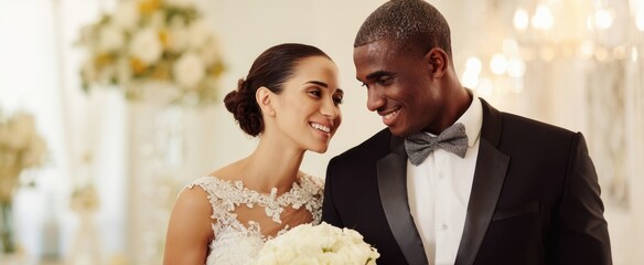 The wedding couple sharing a joyful intimate moment at an elegant indoor reception