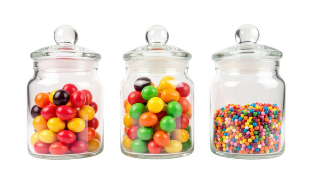 Colorful candy jars filled with assorted sweets, showcasing vibrant colors and various shapes, creating delightful and inviting display
