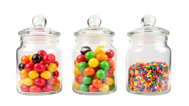 Colorful candy jars filled with assorted sweets, showcasing vibrant colors and various shapes, creating delightful and inviting display