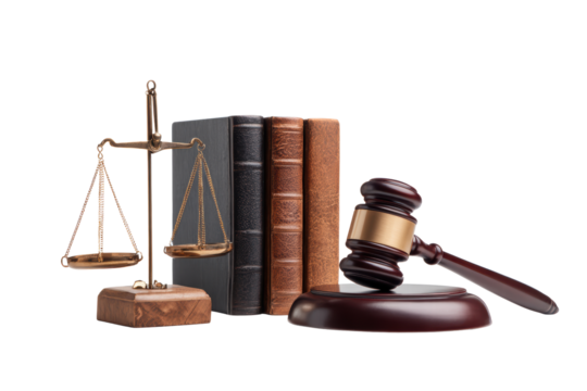 A scale, a book, and a gavel are on a table. The gavel is on top of a wooden base