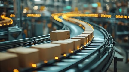 Cardboard boxes move along a curved conveyor belt in a factory setting.  Bright lights highlight the boxes.  Blurred background shows factory machinery