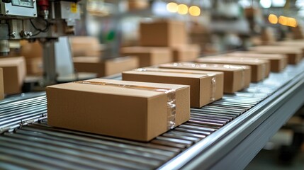 Cardboard boxes moving on a conveyor belt in a factory.  Automated packaging line