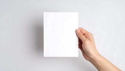 Obraz premium Hand holding a blank white paper sheet on a bright background mockup