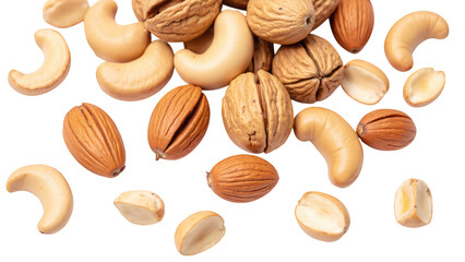 Nuts assortment including cashews, almonds, walnuts, and peanuts scattered transparency background, showcasing their diverse textures and colors