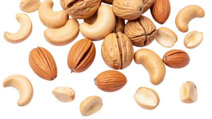 Nuts assortment including cashews, almonds, walnuts, and peanuts scattered transparency background, showcasing their diverse textures and colors