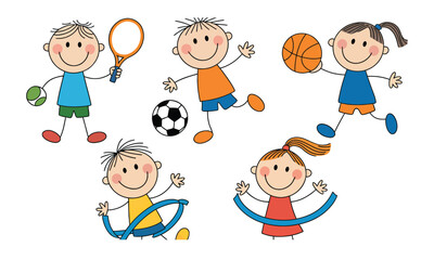 Happy children playing different sports and activities, including soccer, tennis, and basketball. A fun, hand-drawn stick figure illustration.
