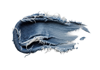 Abstract, extreme macro view of a painterly smear of finely fragmented blue denim dust & frayed fibers, dynamic shape on transparent, soft shadows, intricate texture, artistic study of textile