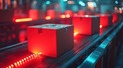 Cardboard boxes on a conveyor belt, illuminated by red lights.  Industrial setting