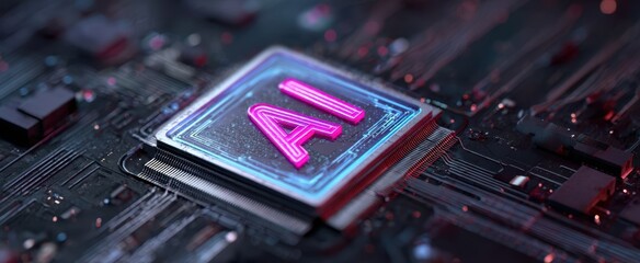 The AI chip glowing neon on a futuristic circuit board showcasing advanced computing technology