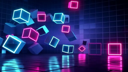Abstract neon glowing cubes moving in a dark space, creating a futuristic and dynamic visual - Powered by Adobe