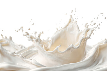 A splash of milk is shown in white and blue. The splash is large and covers a large portion of the image. The splash is made up of many small droplets of milk, which are spread out across the image