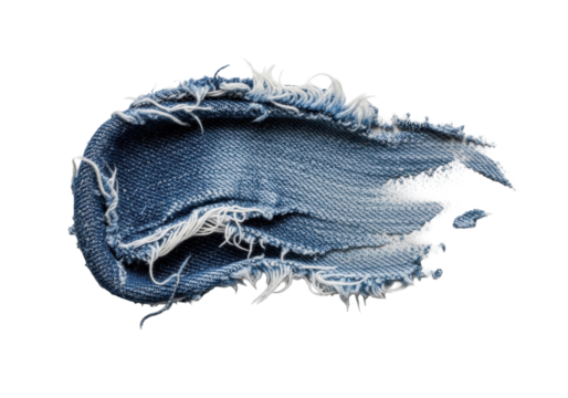 Abstract, extreme macro view of a painterly smear of finely fragmented blue denim dust & frayed fibers, dynamic shape on transparent, soft shadows, intricate texture, artistic study of textile