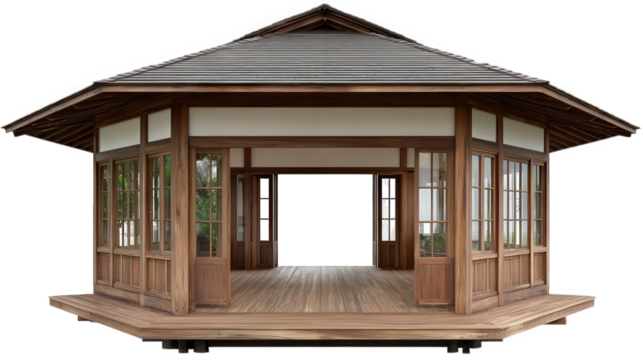 Traditional Japanese style house with wooden architecture, sliding doors, open veranda, and serene atmosphere, perfect for peaceful living or meditation retreat