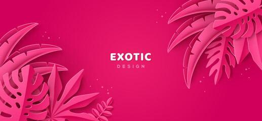 Jungle exotic leaves, pink colorful design, hello summer background. Sea vacation vibrant banner. 3d paper cut rainforest plants, banana palm monstera foliage. Hawaii holiday concept frame border