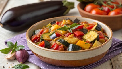 Savory bowl of ratatouille made with fresh vegetables like eggplant, zucchini, and bell peppers on a rustic table