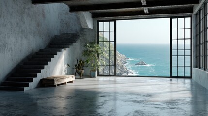 empty loft style with concrete floor and ocean view 3d render no logos no brands ar 169