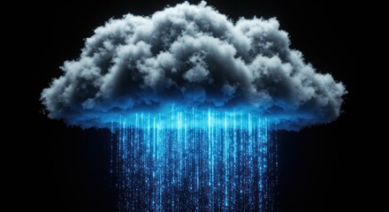 Digital rain falls from a dark cloud onto a black background.