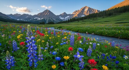 Fototapeta premium Vibrant mountain meadow filled with colorful wildflowers and a winding stream, set against majestic snowy peaks under a clear sky.