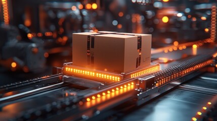 Cardboard boxes on a high-tech automated conveyor belt system, illuminated by orange lights. Factory or warehouse setting