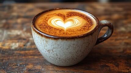 Close-up of espresso cup with heart-shaped latte art: on wooden table, blurred background highlights coffee and intricate foam details