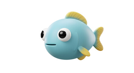 Playful and cute three-dimensional rendering of a little blue fish with large expressive eyes, isolated on a clean white background for design