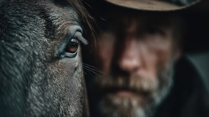 Close-up portrait of a man and his horse in a rustic setting capturing a bond of friendship and trust during twilight hours