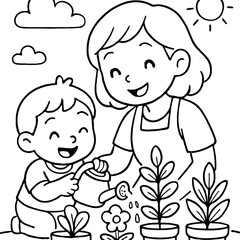 Two happy cartoon children, a boy and a girl, are playing with a toy bear and a flower, smiling and having fun together