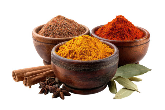 Three bowls of spices are arranged on a white background. The spices include cinnamon, cumin, and chili powder. The bowls are wooden and are placed next to each other