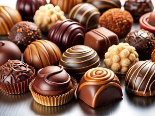 Fototapeta premium Premium milk chocolate, pralines, and trufflesâ€”stunning high-resolution photography for online and packaging use.