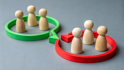 Obraz premium Group Dynamics and Social Segregation – Wooden Figurines in Colored Rings, Red Connector Block, Abstract Relationship Concept