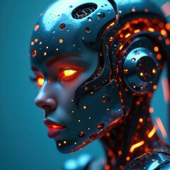 Close up profile of a futuristic female cyborg with glowing orange eyes and intricate metal plating and glowing orange lights
