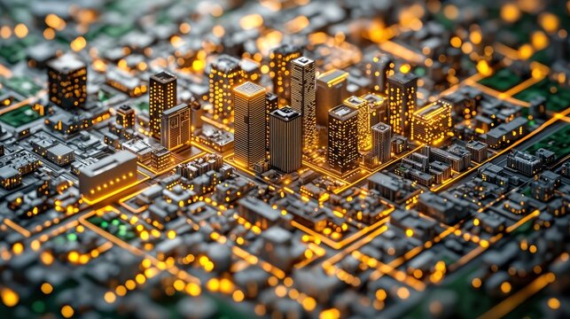 Cityscape rendered as a complex circuit board, illuminated by warm golden light.  Buildings appear as 3D structures nestled within a network of lines and grid, suggesting a digital city - Powered by Adobe